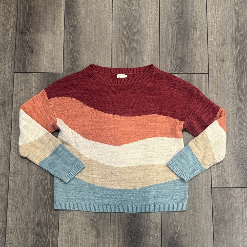 Garnet Hill Colorblock Crewneck Sweater in Red, Coral, Cream & Blue